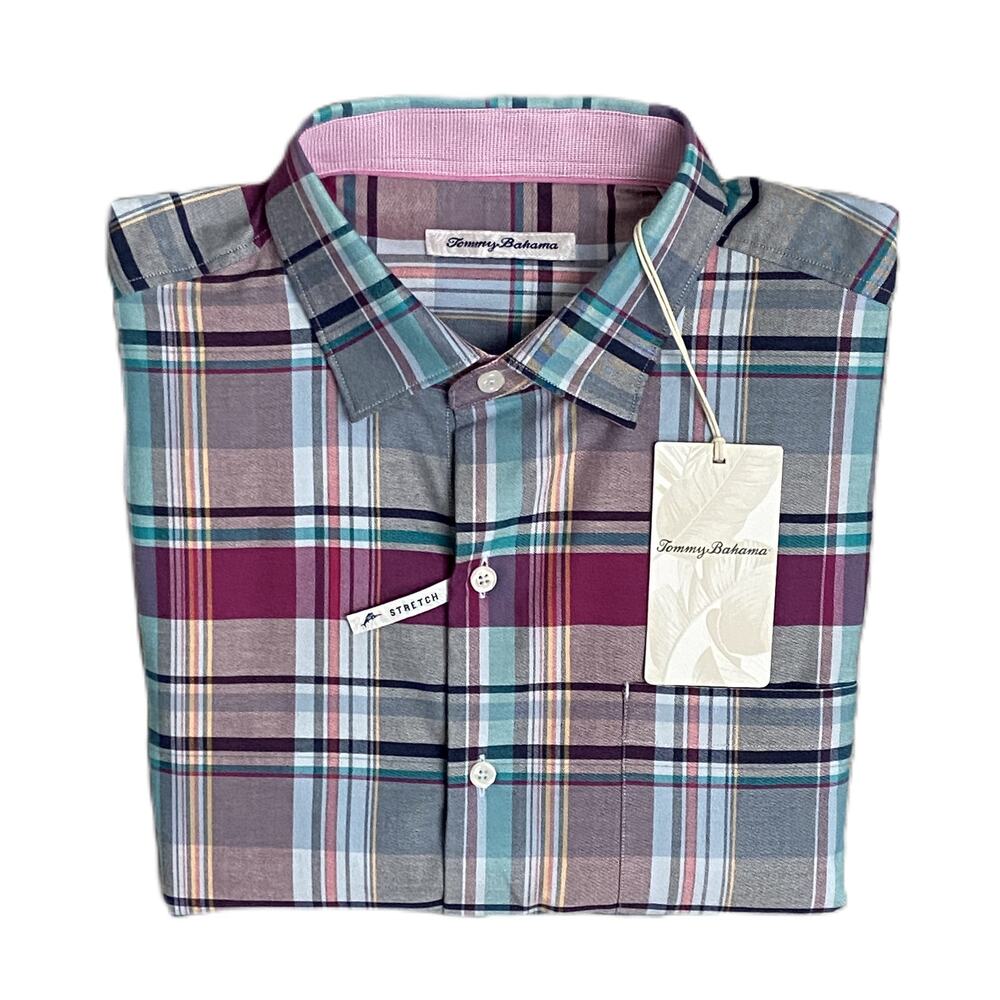 Tommy Bahama Shirt Men's Medium "Lazlo Cheers Check" Silk Blend Stretch NEW
